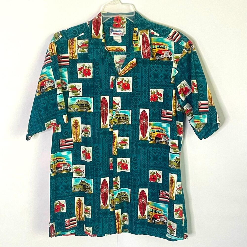 Hawaii beach surfboard button down mens cotton shirt Size L vacation resortwear